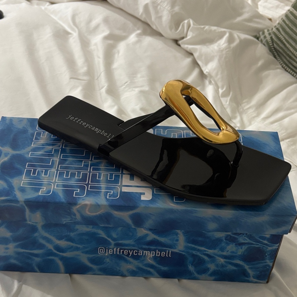 Jeffrey Campbell Black Patent Thong Sandal with Gold Accent
